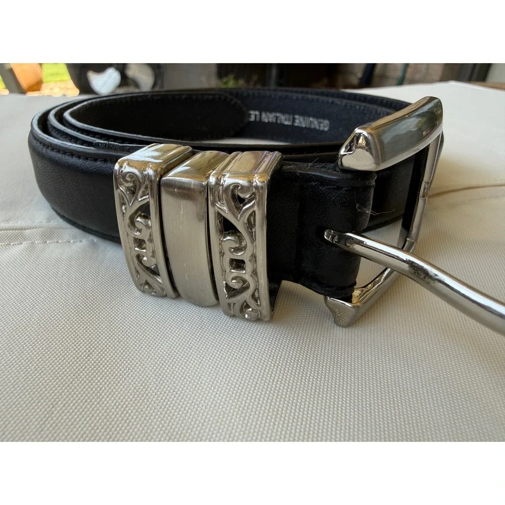 Silpada Designs Black Genuine Italian Leather Belt Silver Ornate Filigree Large